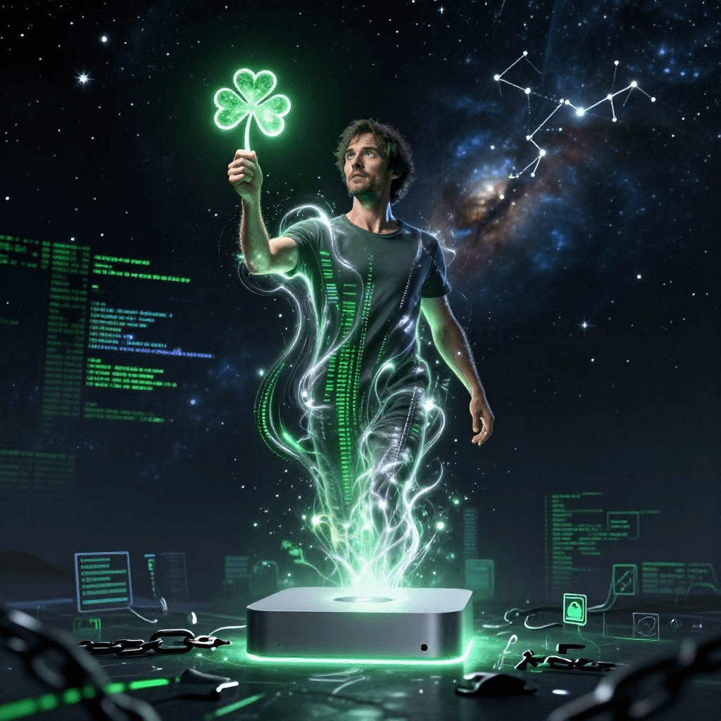 Steve as a ghostly green-glowing figure rising from a Mac Mini, shamrock in hand, against a starfield.